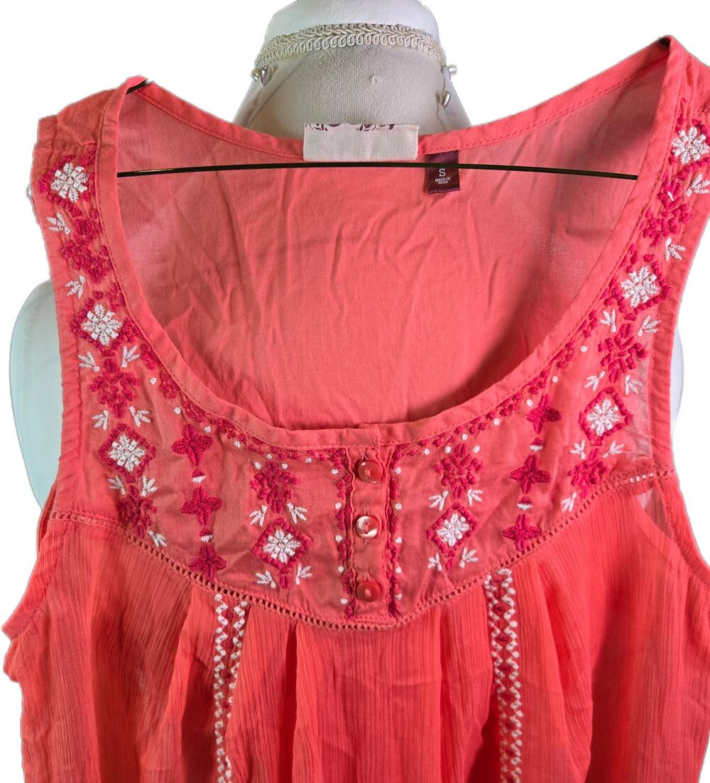 SO  Tank Blouse Embroidered Sheer Coral Sz. Sm. Fairy Garden Whimsygoth Cottage